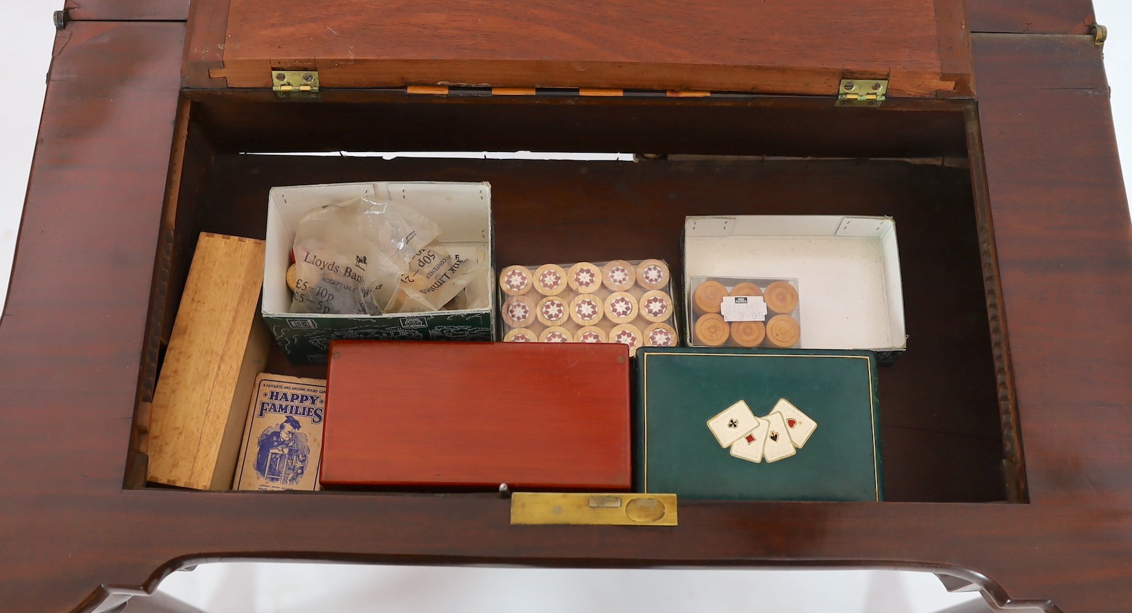 A George II mahogany games table, with eared triple folding top opening to reveal a baize surface - Image 5 of 6