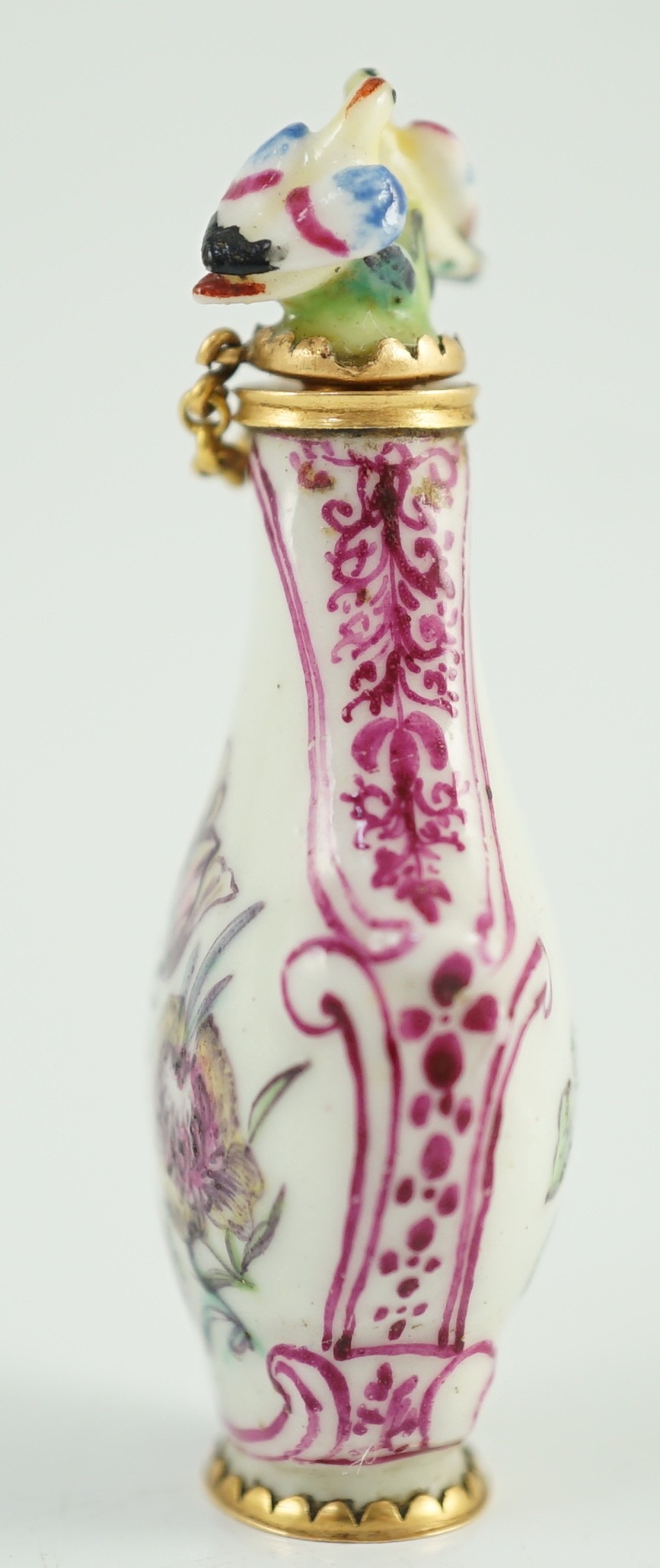 A good Chelsea or St James (Charles Gouyn) gold mounted porcelain scent bottle, c.1755, of rococo - Image 6 of 7