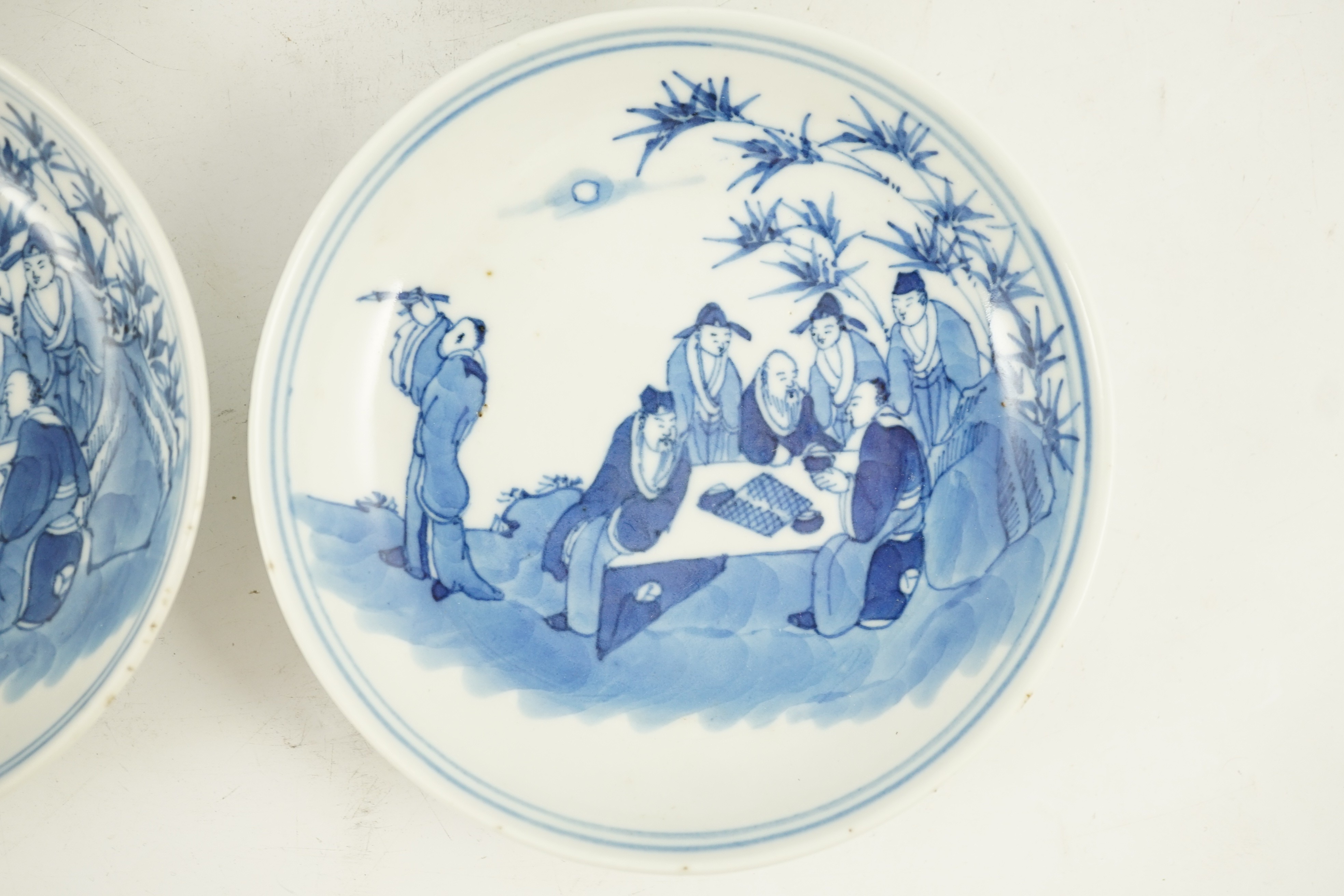 A set of six Chinese ‘Seven Sages of the Bamboo Grove’ saucer dishes, Kangxi marks but late 19th - Image 6 of 10