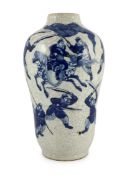 A Chinese blue and white crackle glaze ‘warriors’ vase, late 19th century, moulded and painted