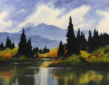 K.C. Benson (Contemporary American) Colorado river landscape with fir treeswatercoloursigned and