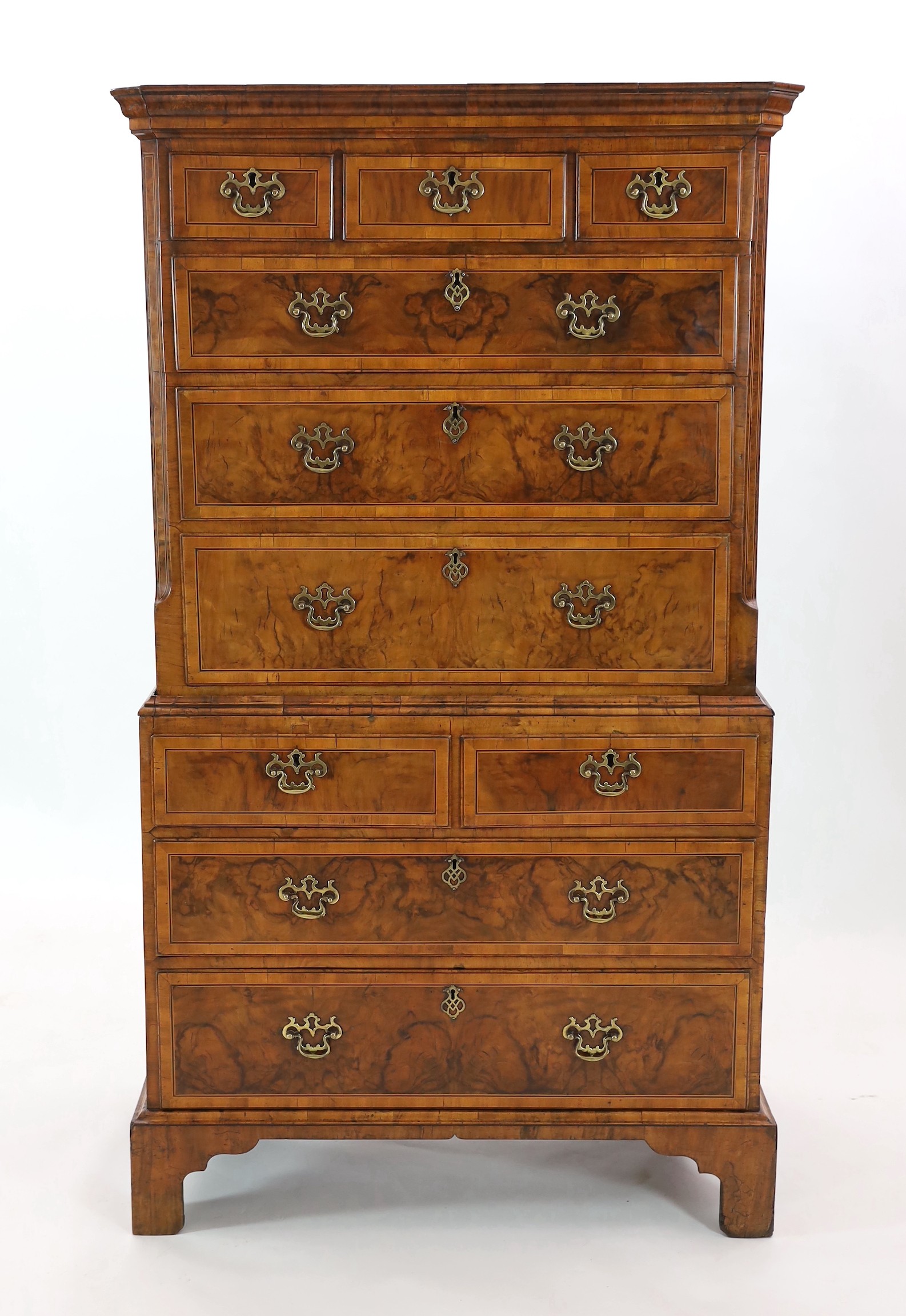 A George I inlaid walnut chest on chest, with moulded cornice, three short and three graduated - Image 2 of 3