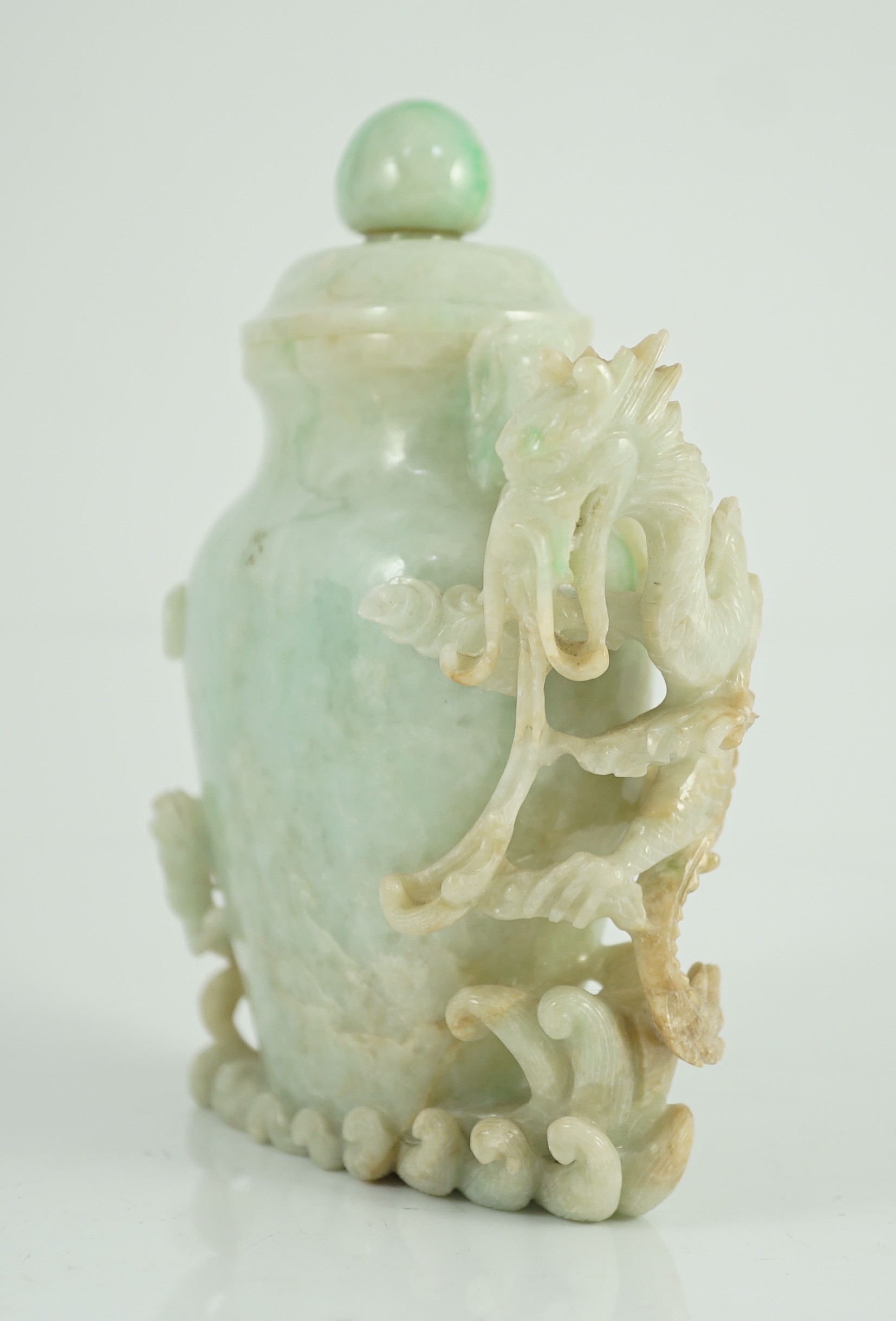 A Chinese jadeite 'dragon' vase and cover, late 19th/early 20th century, carved in high relief and - Image 2 of 5