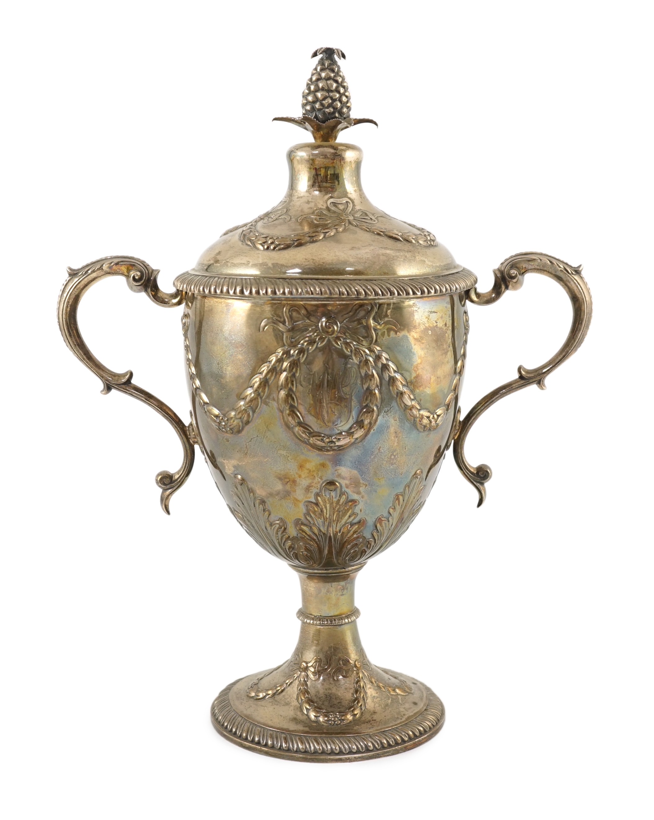 A George III silver presentation two handled vase shaped pedestal cup and cover by Richard