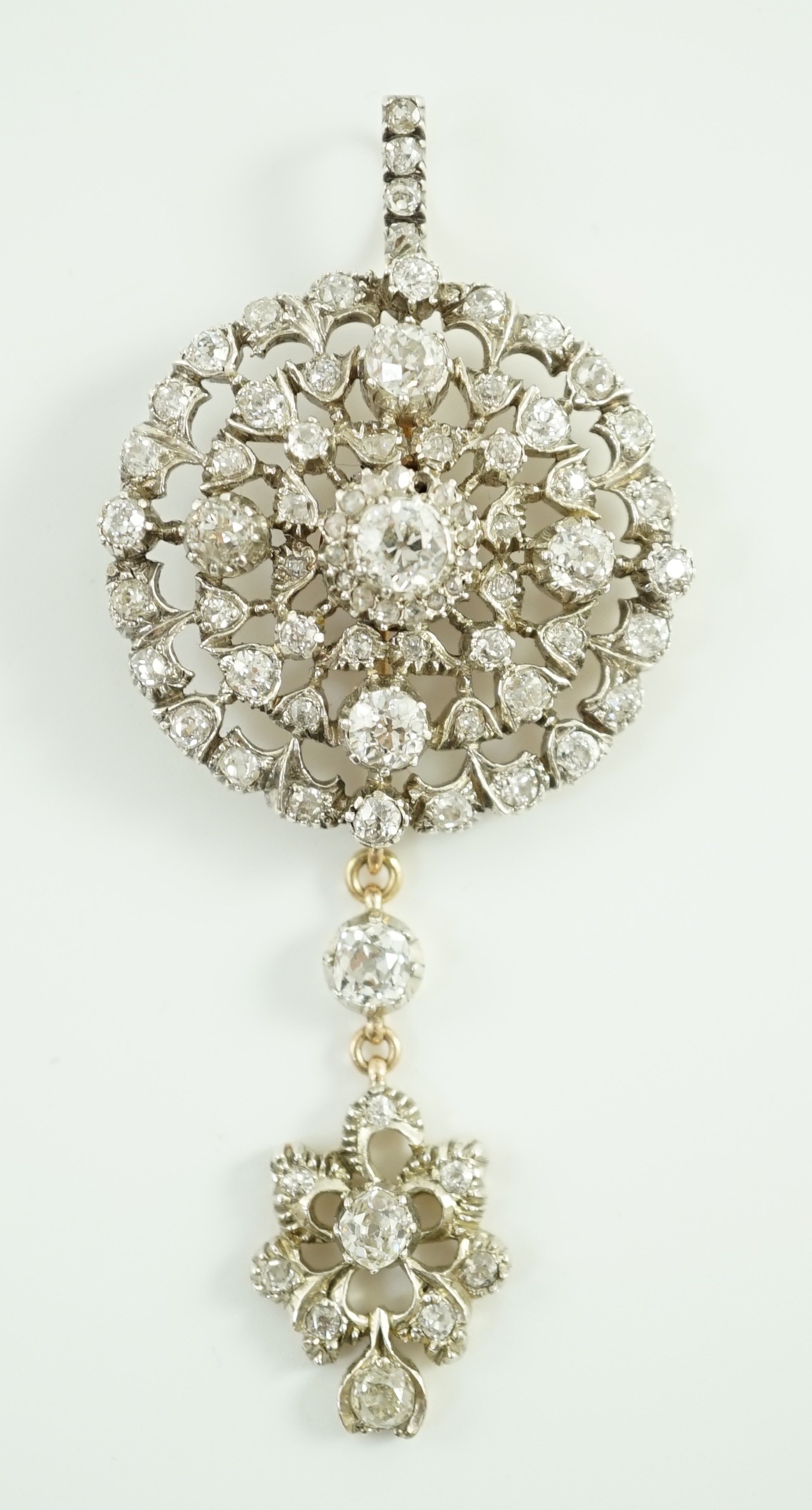 A Victorian gold, silver and graduated diamond cluster set target drop pendant brooch, retailed by - Image 5 of 8