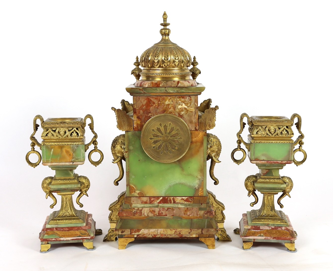 A late 19th century French ormolu mounted marble and green onyx clock garniture, of Indian - Image 7 of 10