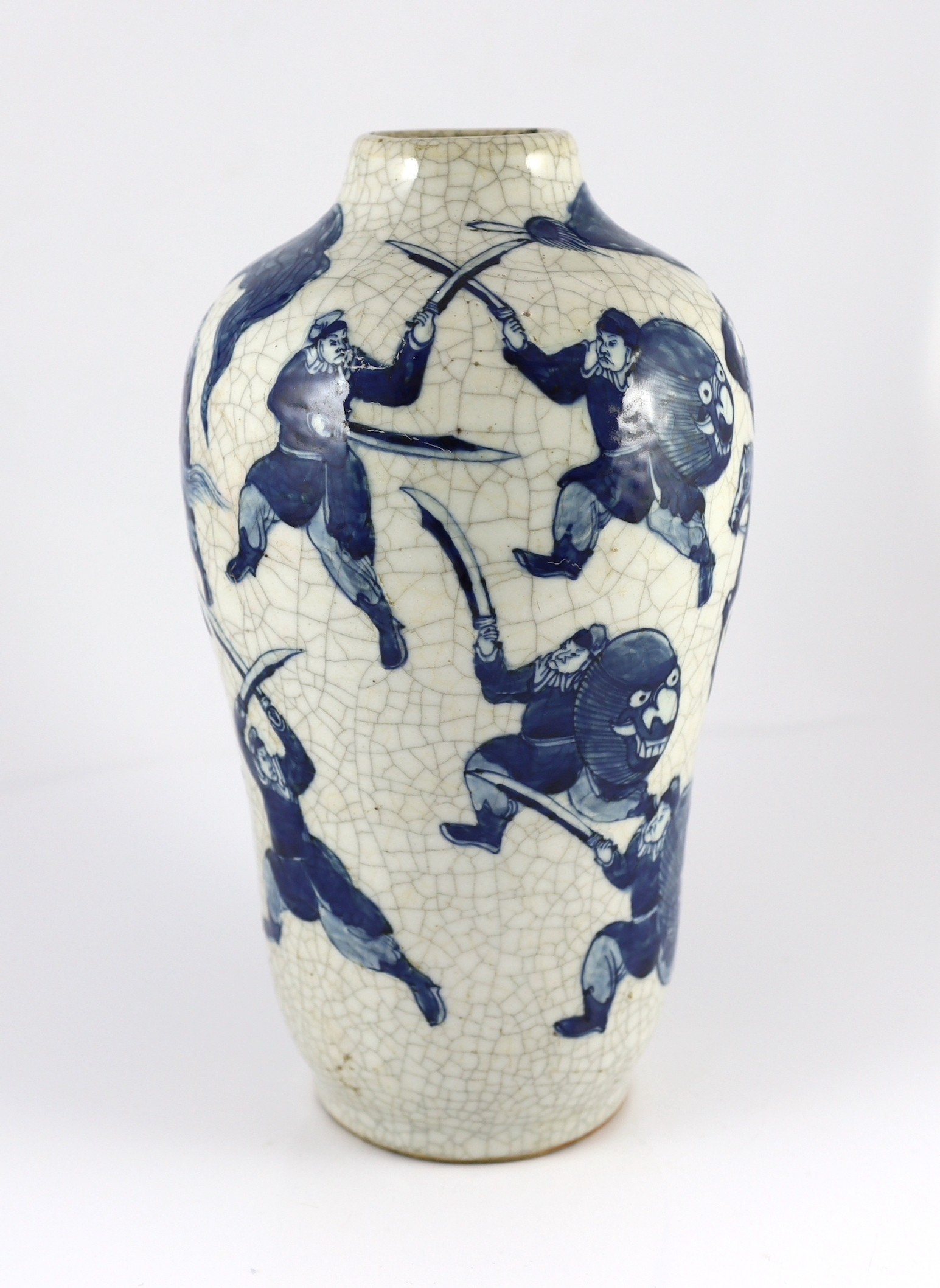 A Chinese blue and white crackle glaze ‘warriors’ vase, late 19th century, moulded and painted - Image 2 of 5