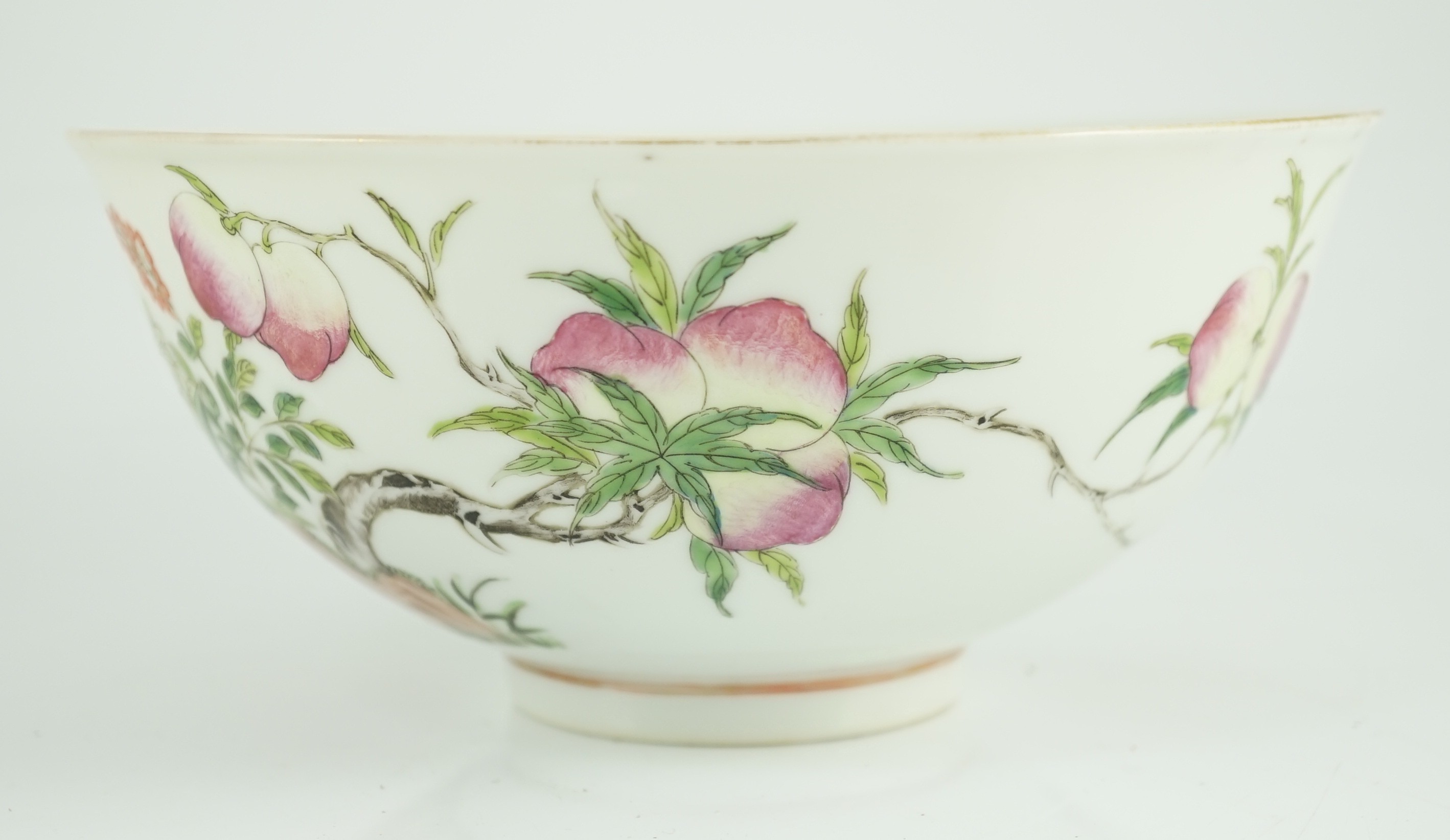 A Chinese famille rose bowl, Guangxu period, painted with rocks, linzghi fungus, a fruiting peach - Image 2 of 7