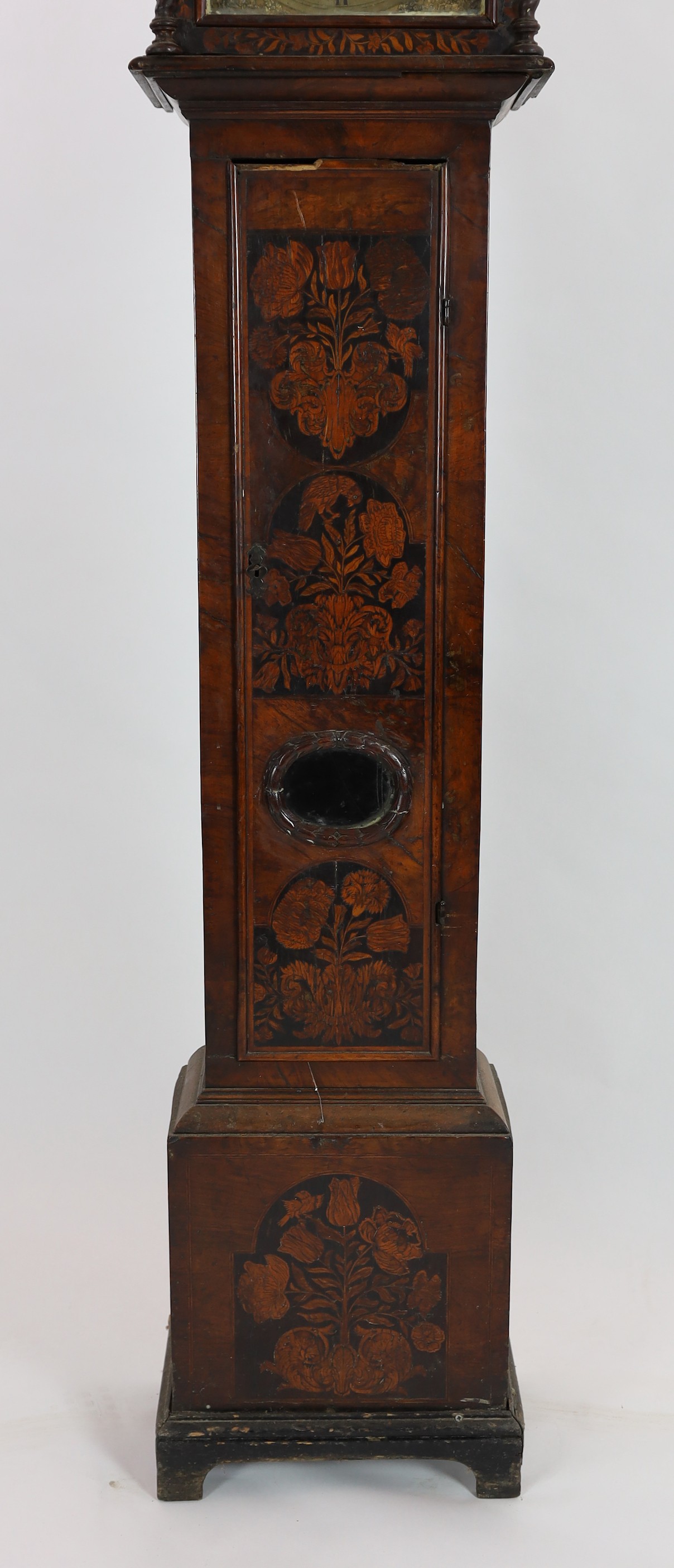 A William and Mary floral marquetry and walnut eight day longcase clock, the 11 inch square brass - Image 3 of 11