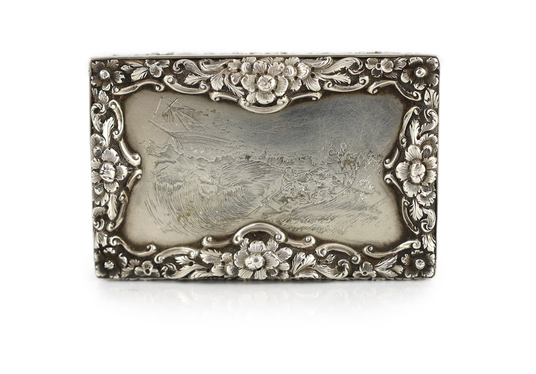 An unusual early Victorian silver rectangular snuff box, commemorating Grace Darling, engraved