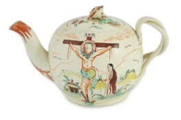 A rare English creamware ‘crucifixion’ teapot, c.1780-1800, each side depicting Christ with Mary