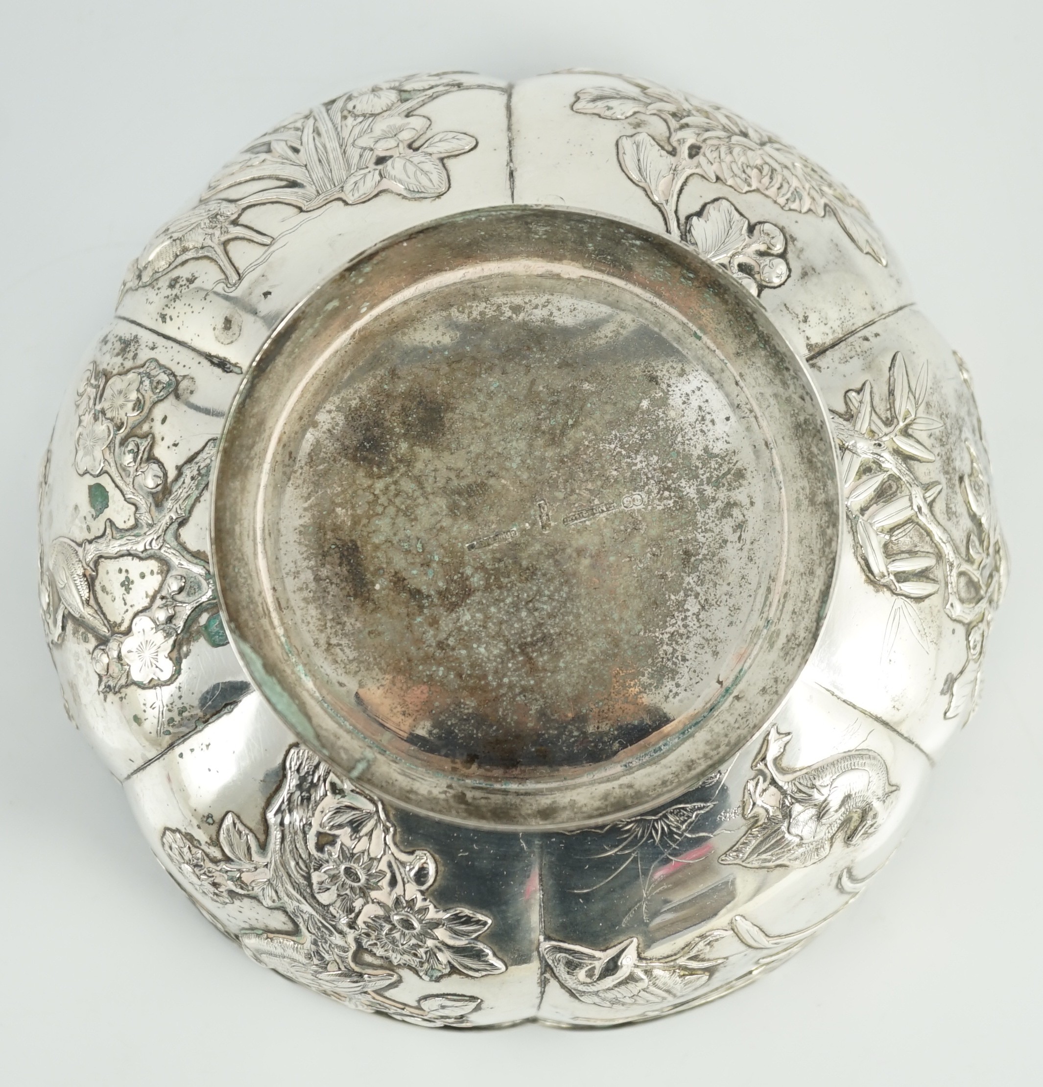 A late 19th century Chinese Export silver circular bowl, by Chong Woo, Hong Kong, applied with - Image 6 of 6