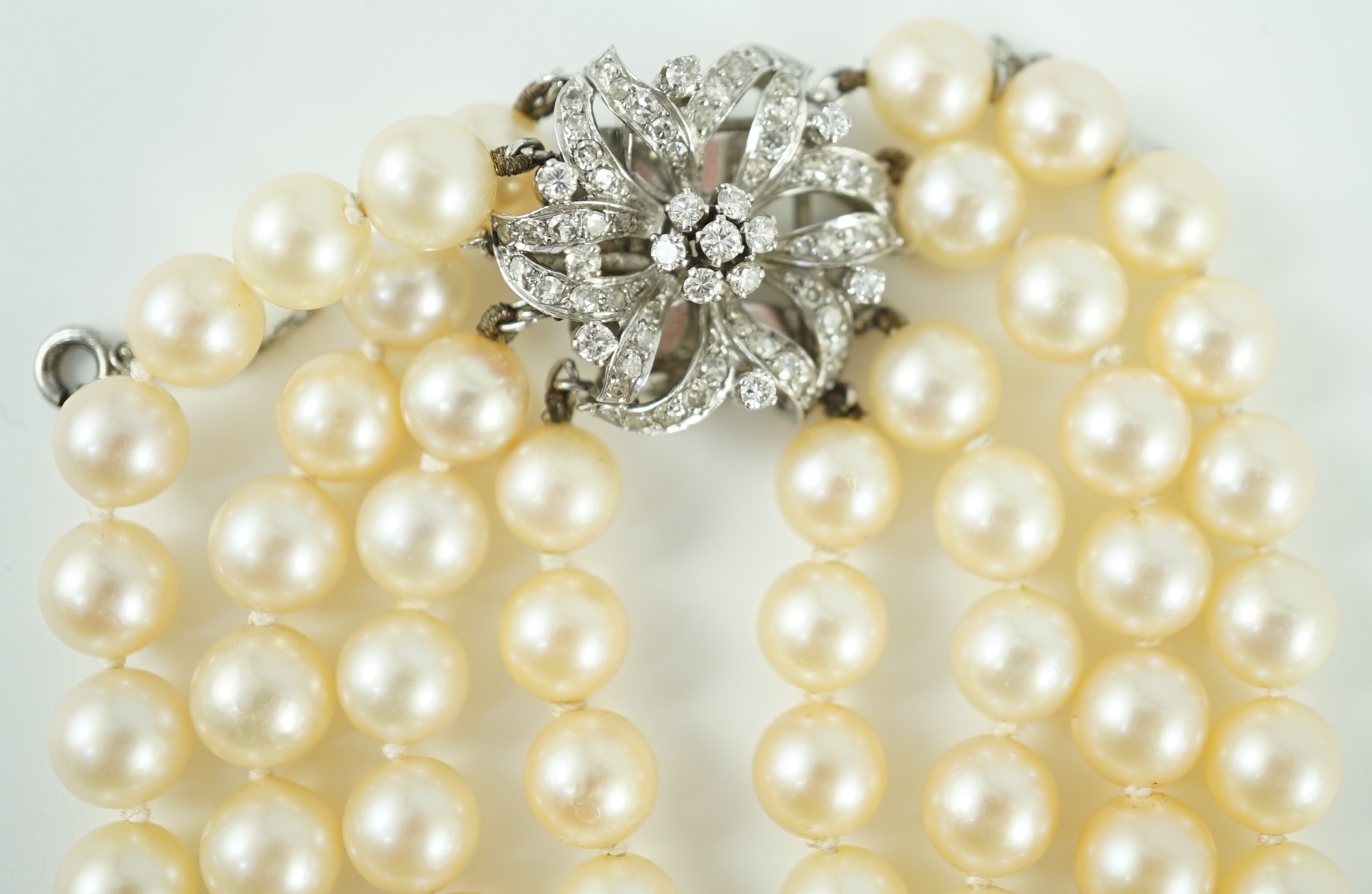 A mid to late 20th century continental quadruple strand cultured pearl necklace, with white gold and - Image 6 of 7