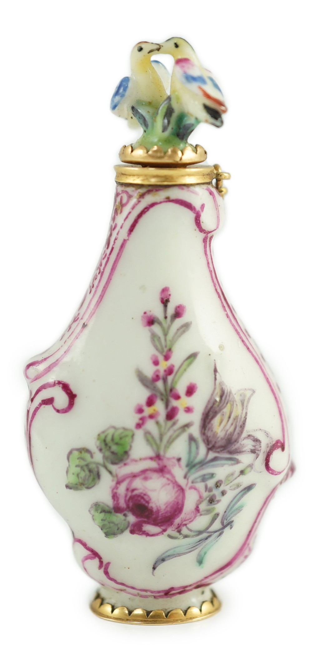 A good Chelsea or St James (Charles Gouyn) gold mounted porcelain scent bottle, c.1755, of rococo - Image 2 of 7