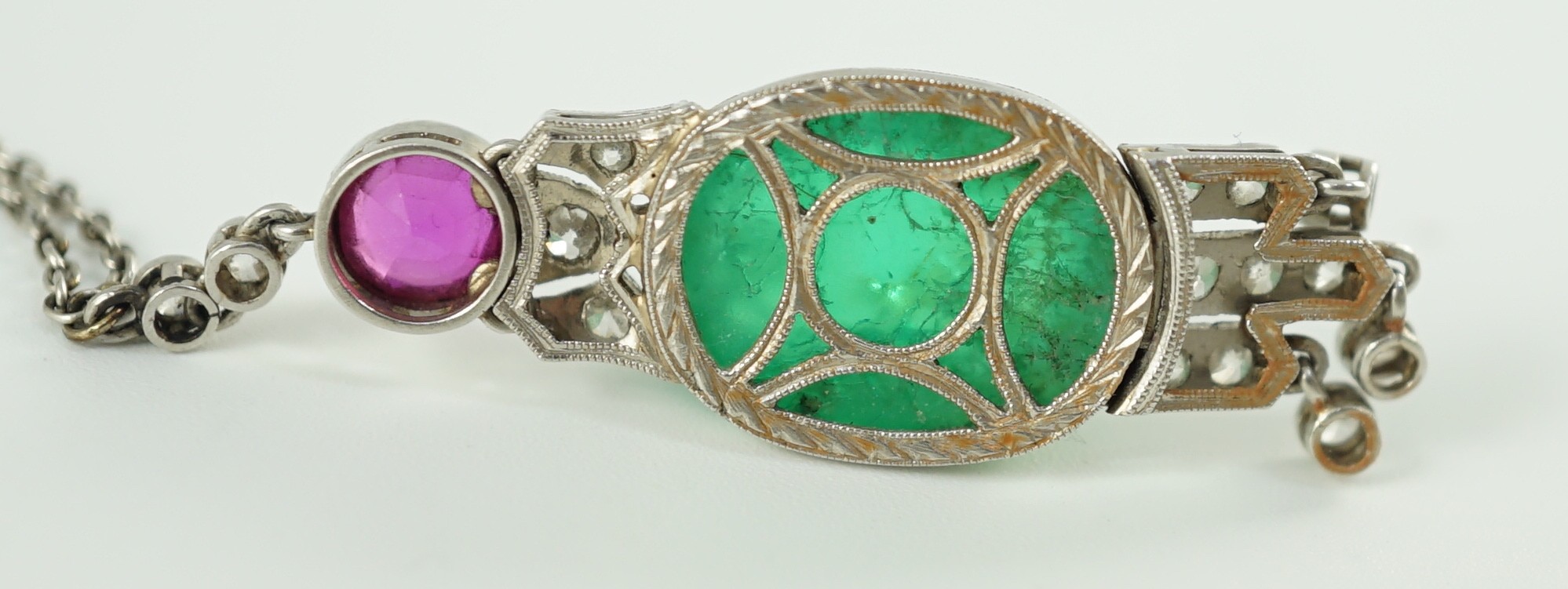 A Belle Epoque platinum, oval cabochon emerald, round cut ruby and millegrain set diamond cluster - Image 4 of 4