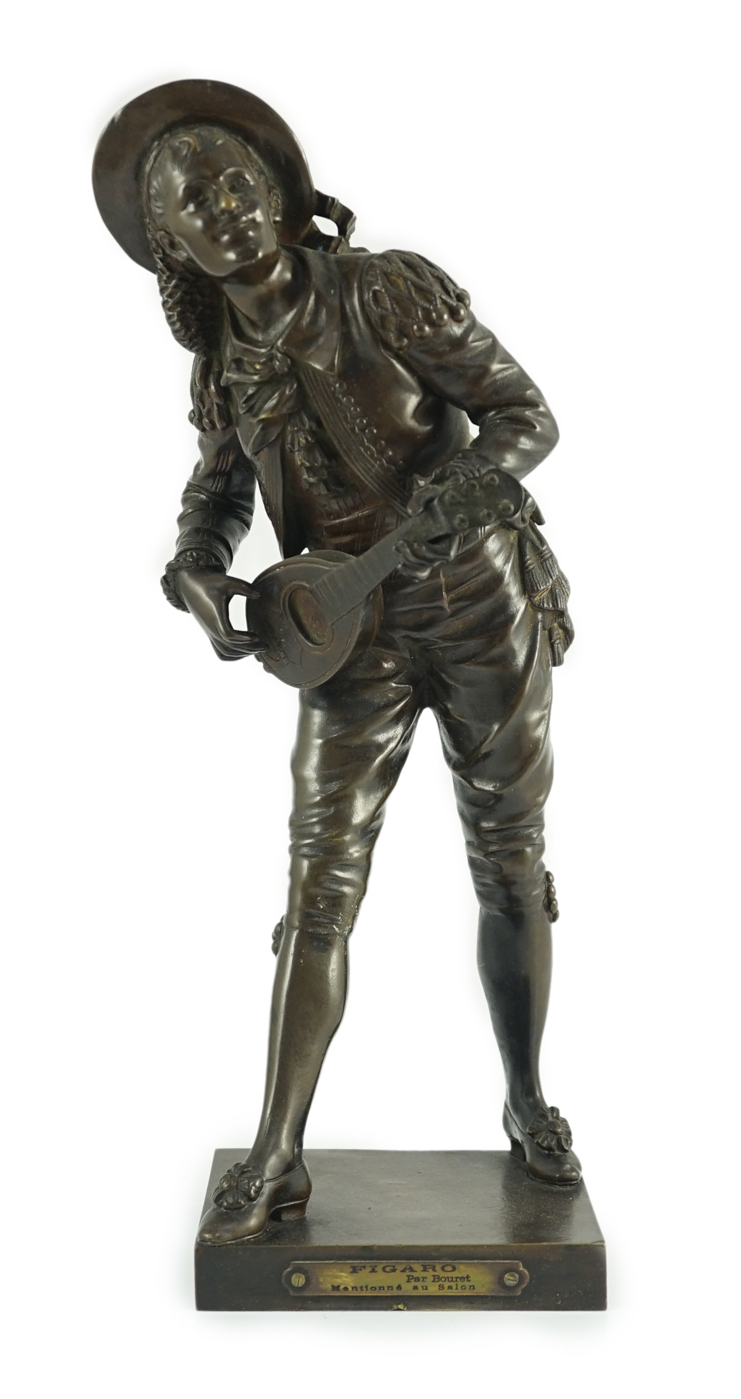 Eutrope Bouret (French, 1833-1906). A bronze figure of 'Figaro', standing playing a mandolin, signed