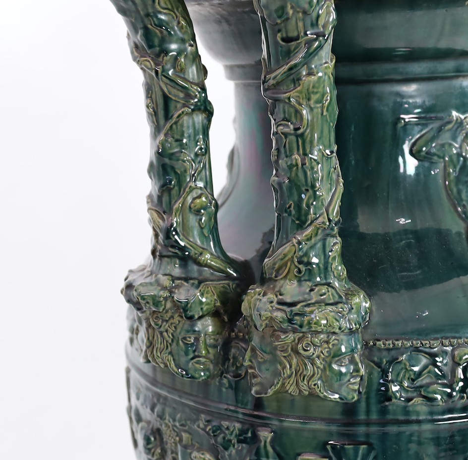 A massive Continental majolica green glazed campana vase and associated stand, late 19th century, - Image 6 of 6