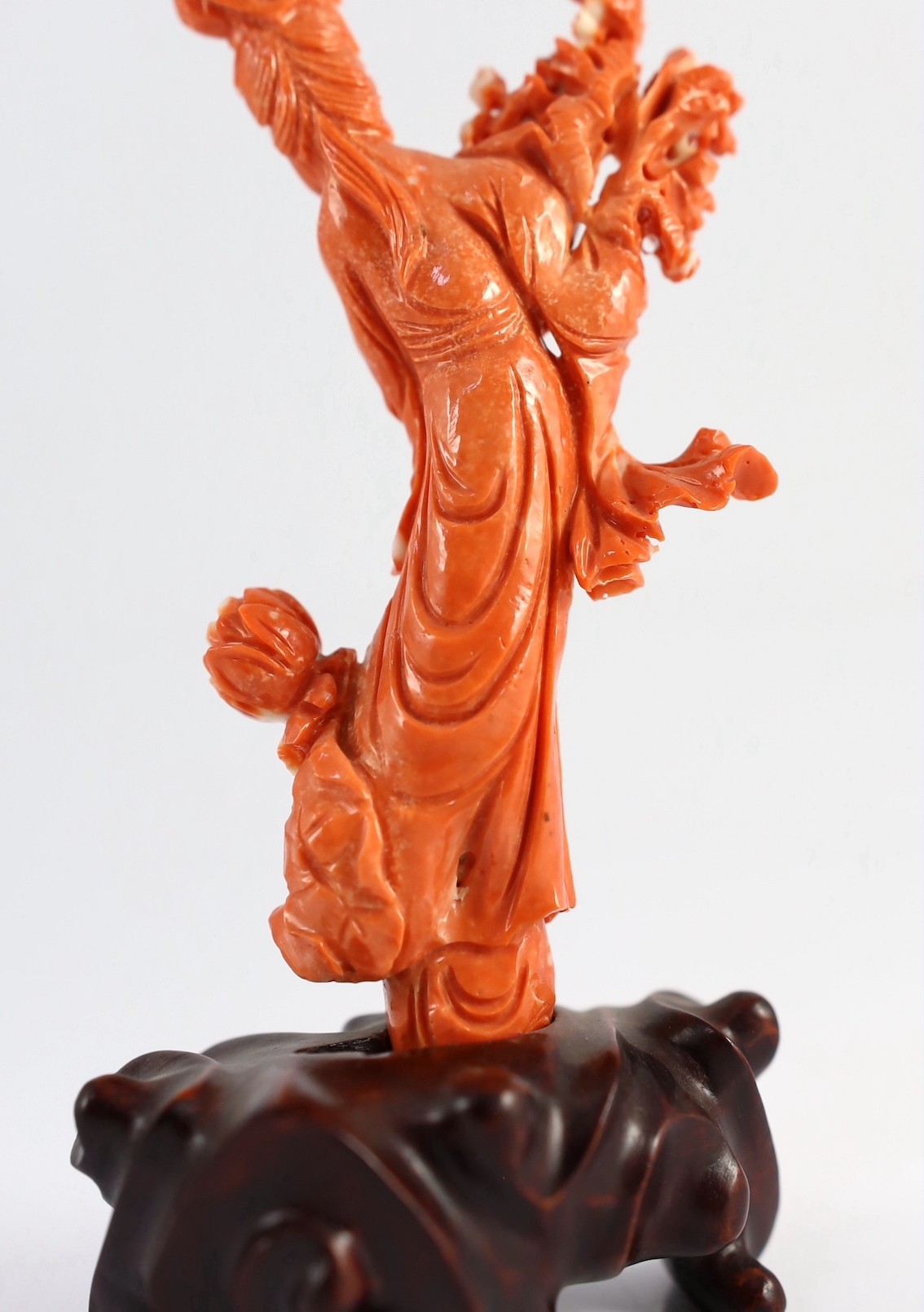 A Chinese carved coral figure of a flower fairy, 20th century, the figure holding a vase of - Image 7 of 8