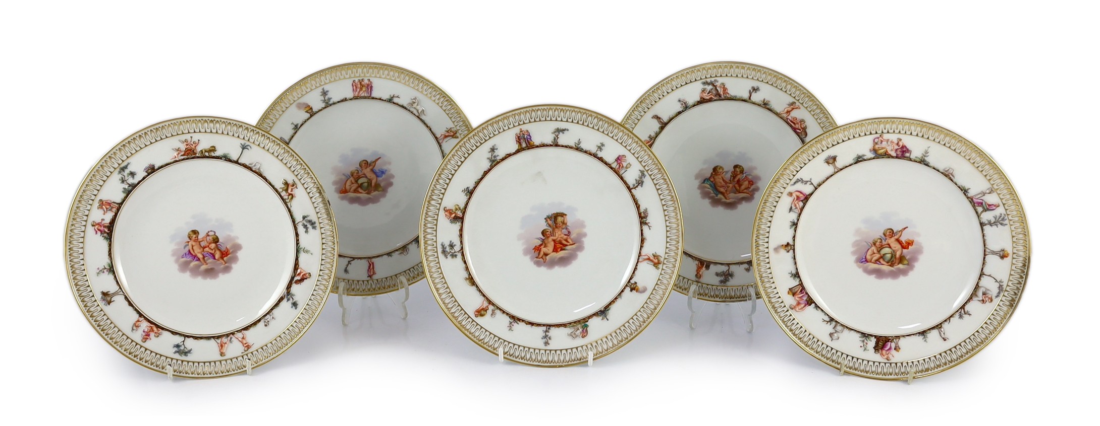 A set of five Meissen Capo di Monte style plates, 19th century, each painted to the centre with