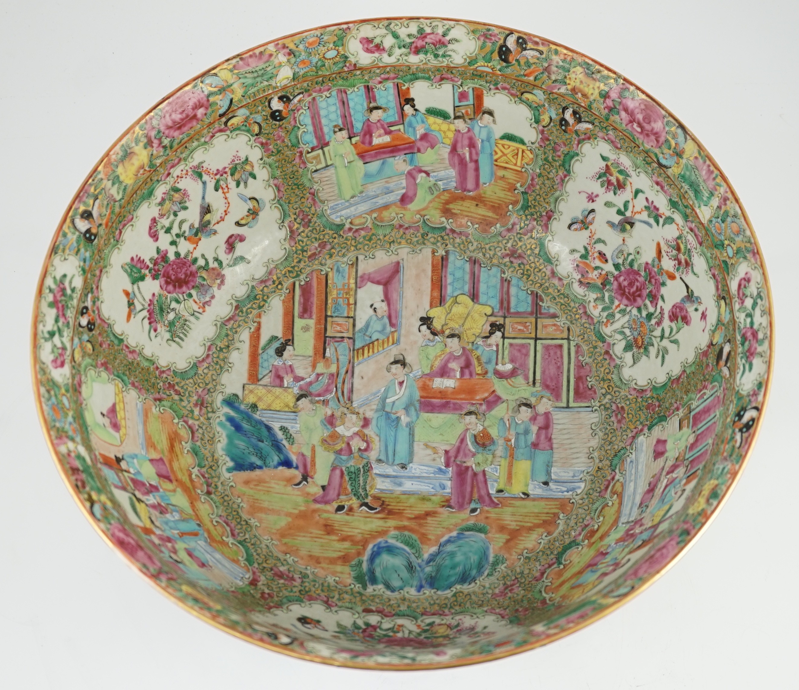 A large Chinese Canton (Guangzhou) decorated famille rose bowl, c.1830-50, typically painted to - Image 7 of 9