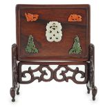 A small Chinese jade and hardstone mounted huanghuali table screen, 19th century, the removable