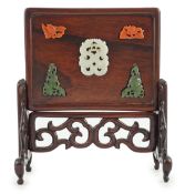 A small Chinese jade and hardstone mounted huanghuali table screen, 19th century, the removable