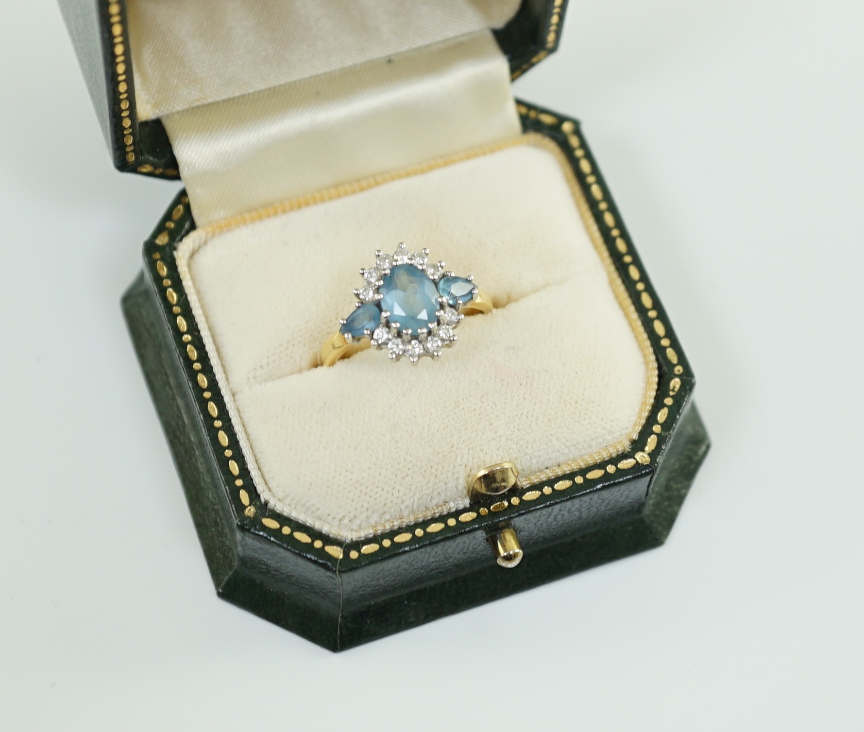 A 1970's 18ct gold, aquamarine and diamond set oval cluster ring, by Cropp & Farr, set with three - Image 6 of 6