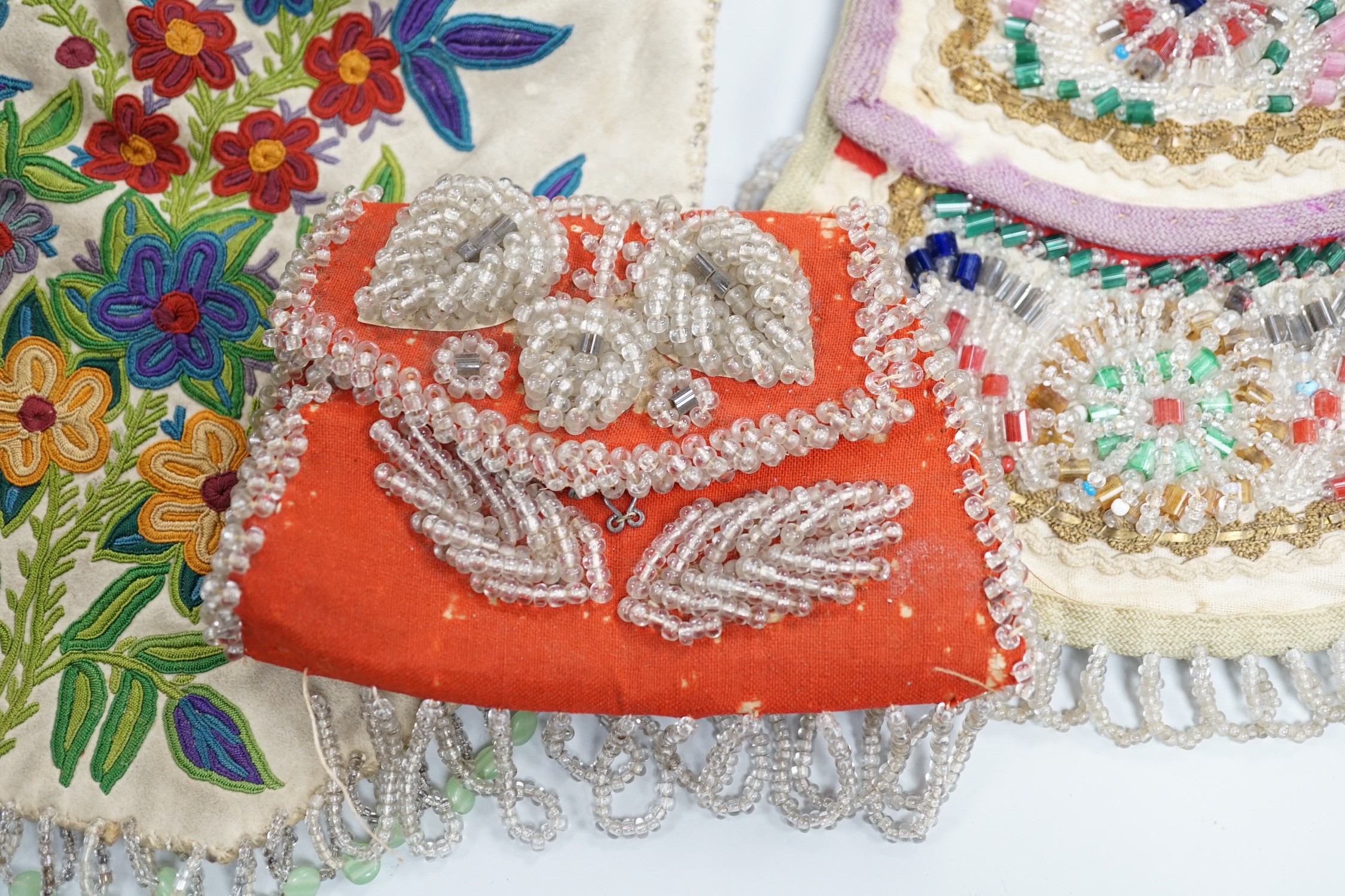 A mid to late 19th century Iroquois, North American/Canadian Indian glass beadwork bag on linen, - Image 2 of 5
