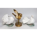 A pair of Rosenthal models of doves and a Swiss bronze dove on stand, bronze dove 23cms high