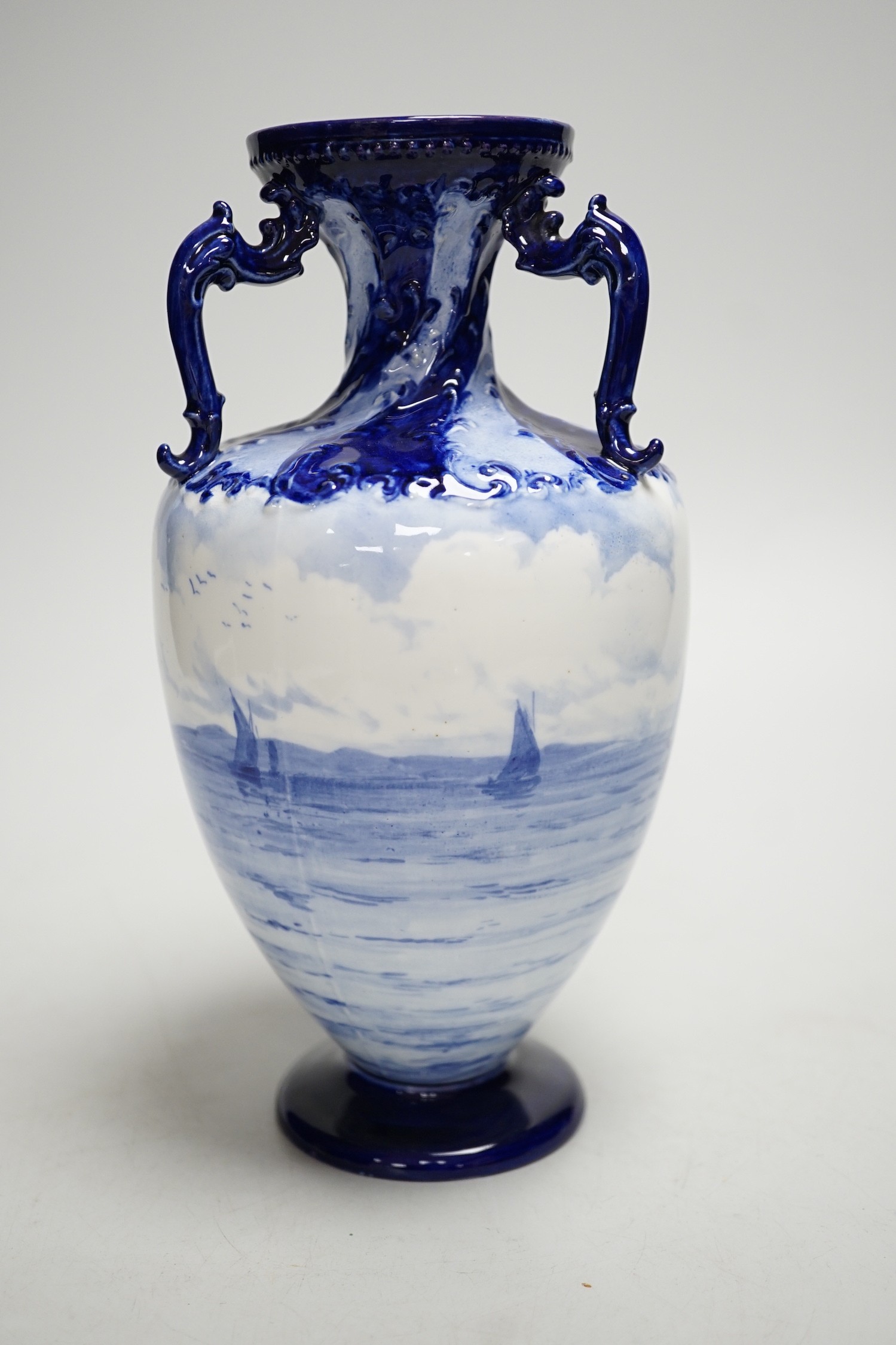 A Royal Crown Derby blue and white vase painted with shipping scenes by WEJ Dean. 22cm tall - Image 3 of 4