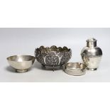 An Indian embossed white metal bowl, diameter 12.9cm, a George V silver tea caddy?, a modern