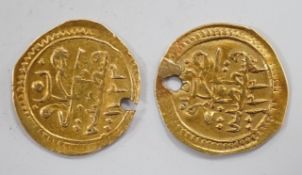 Two Ottoman pierced gold coins, each 0.7g