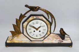 A French Art Deco bronze decorated black chrome and coloured marble clock on base. 48cm wide