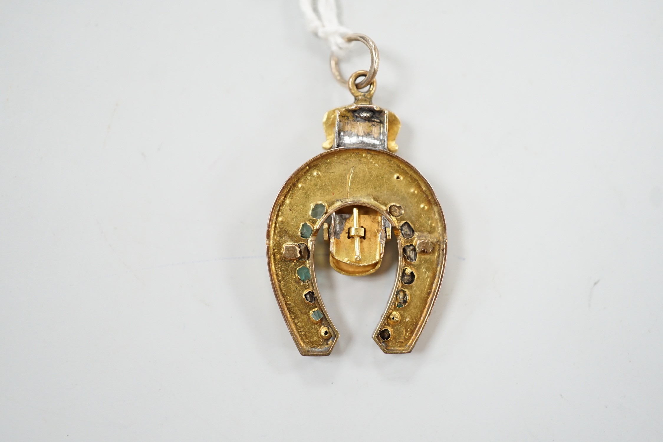 An early 20th century yellow metal, emerald, rose cut diamond and split pearl set horseshoe and - Image 4 of 4