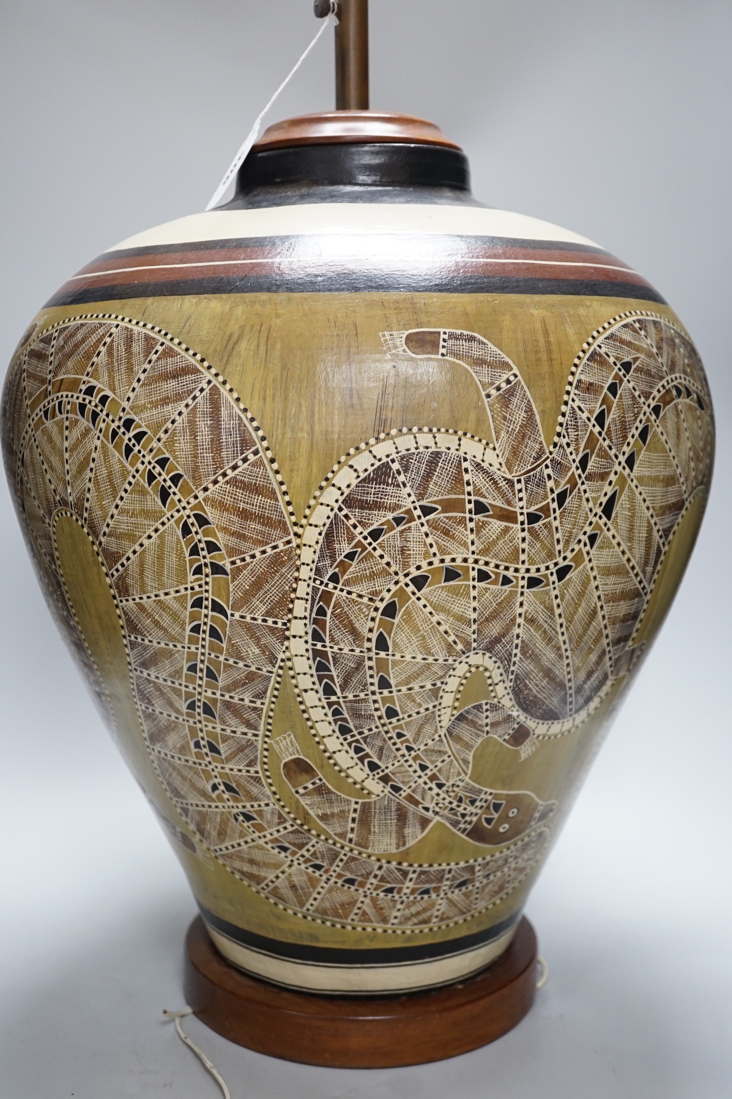 An Australian Aboriginal style painted pottery large lamp, 61cm total height - Image 3 of 4