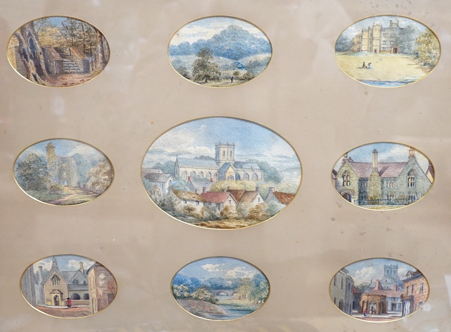 19th century English School, nine watercolours, Views of a country church and surrounding