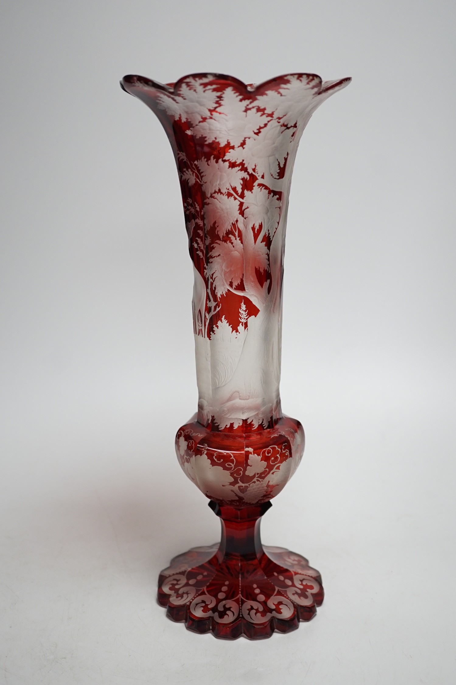 A Bohemian wheel engraved ruby glass vase (a.f.). 35cm tall - Image 2 of 7