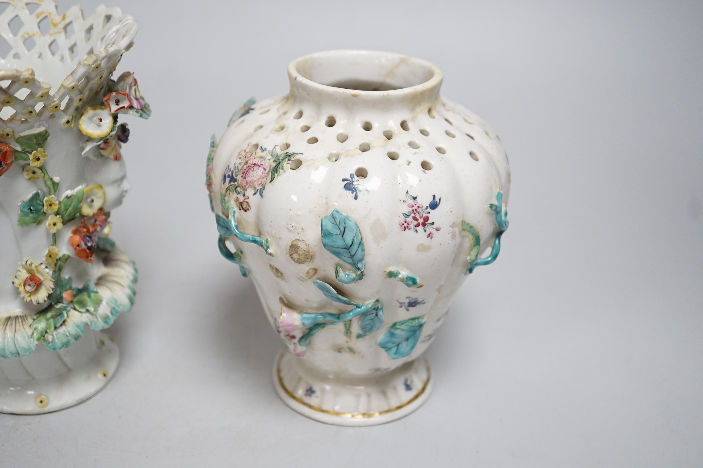 An 18th century Chelsea pot pourri vase, red anchor period, encrusted and painted with leaves and - Image 4 of 10