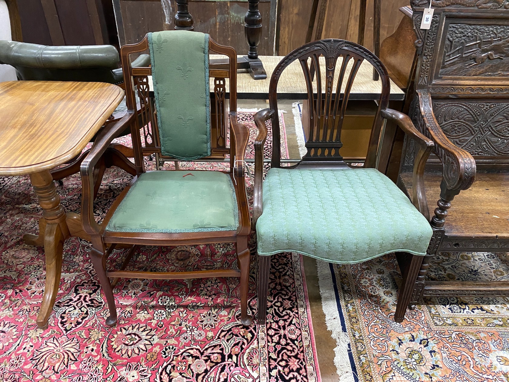 A George III mahogany inlaid elbow chair and an Edwardian mahogany elbow chair - Image 2 of 2