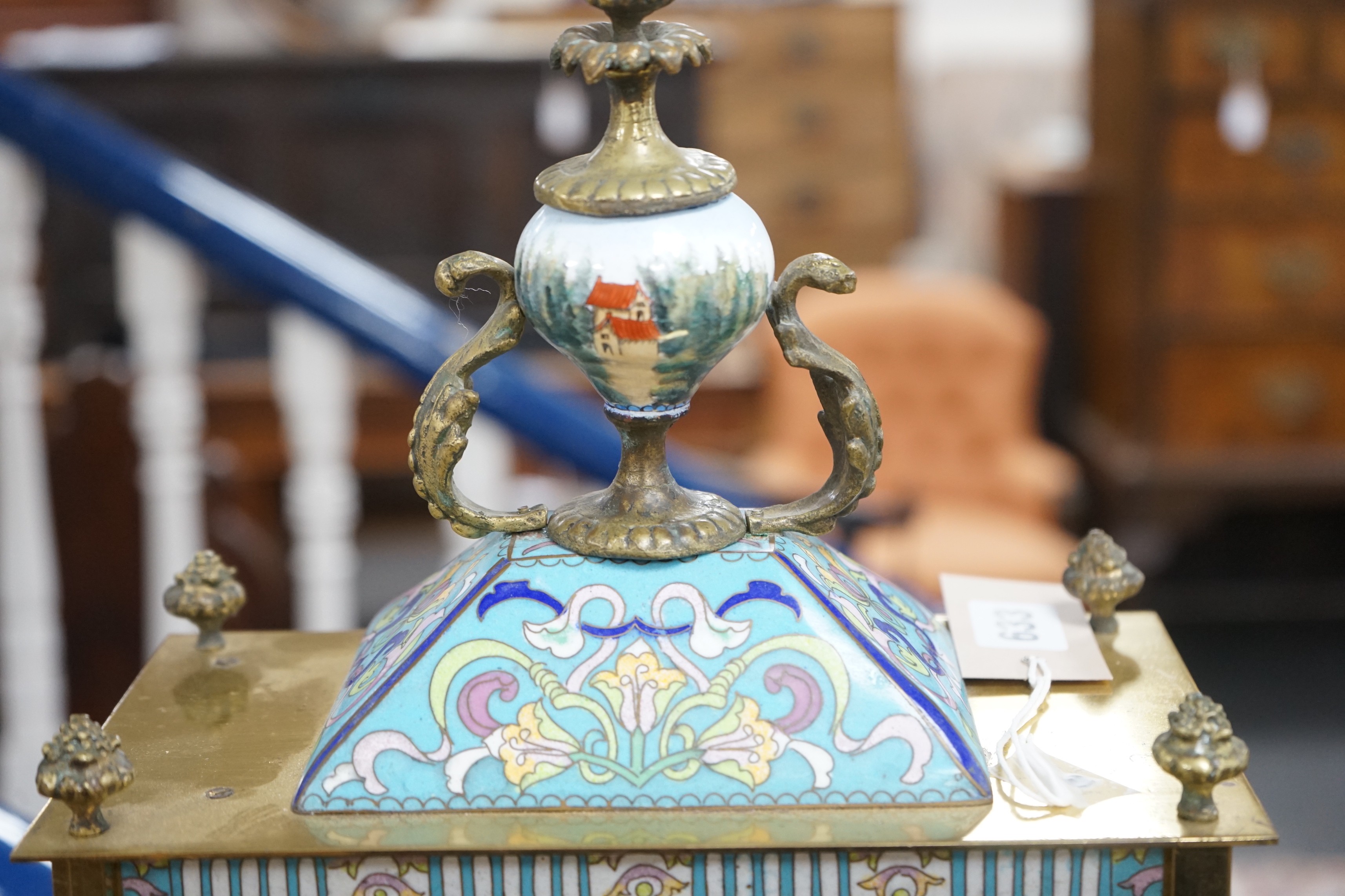 A large blue enamelled mantel clock with pendulum. 66cm tall - Image 4 of 4