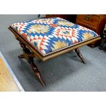 A Victorian turned mahogany X frame dressing stool with upholstered kelim style fabric drop in seat,