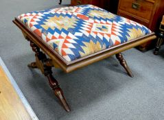 A Victorian turned mahogany X frame dressing stool with upholstered kelim style fabric drop in seat,