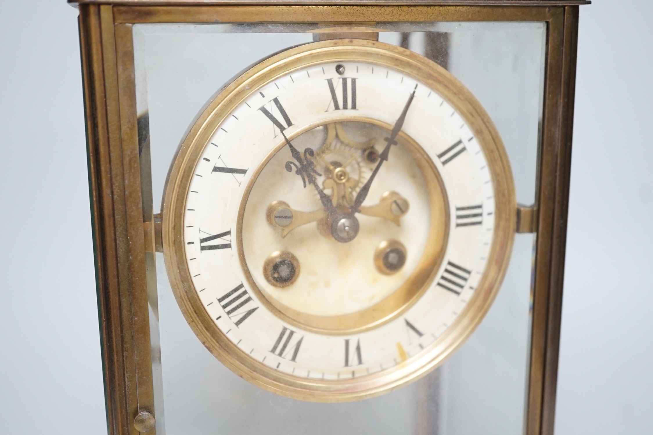 An Edwardian brass four-glass mantel clock with pendulum, presentation plaque to base, 30cm tall - Image 2 of 5