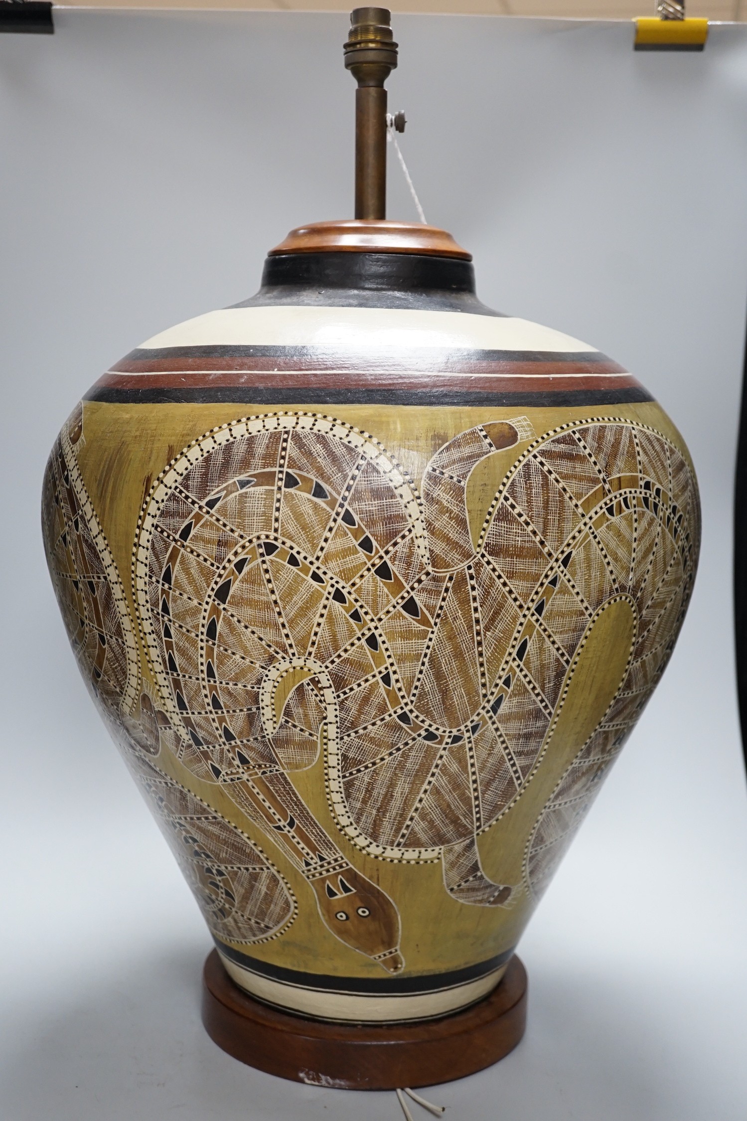 An Australian Aboriginal style painted pottery large lamp, 61cm total height - Image 2 of 4