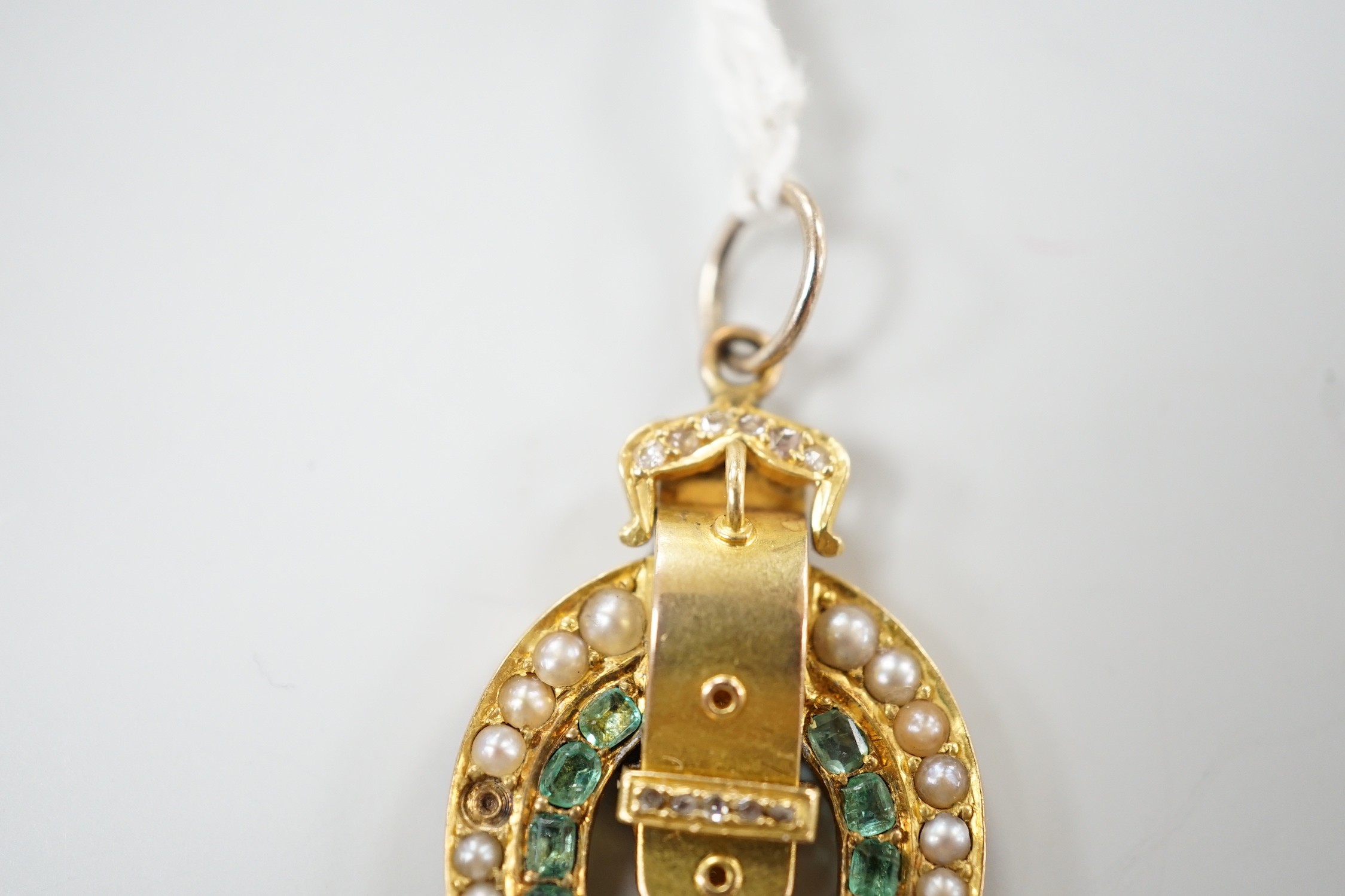 An early 20th century yellow metal, emerald, rose cut diamond and split pearl set horseshoe and - Image 2 of 4