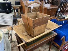 A 19th century iron bound rectangular pine dough bin, width 104cm, depth 49cm together with a square