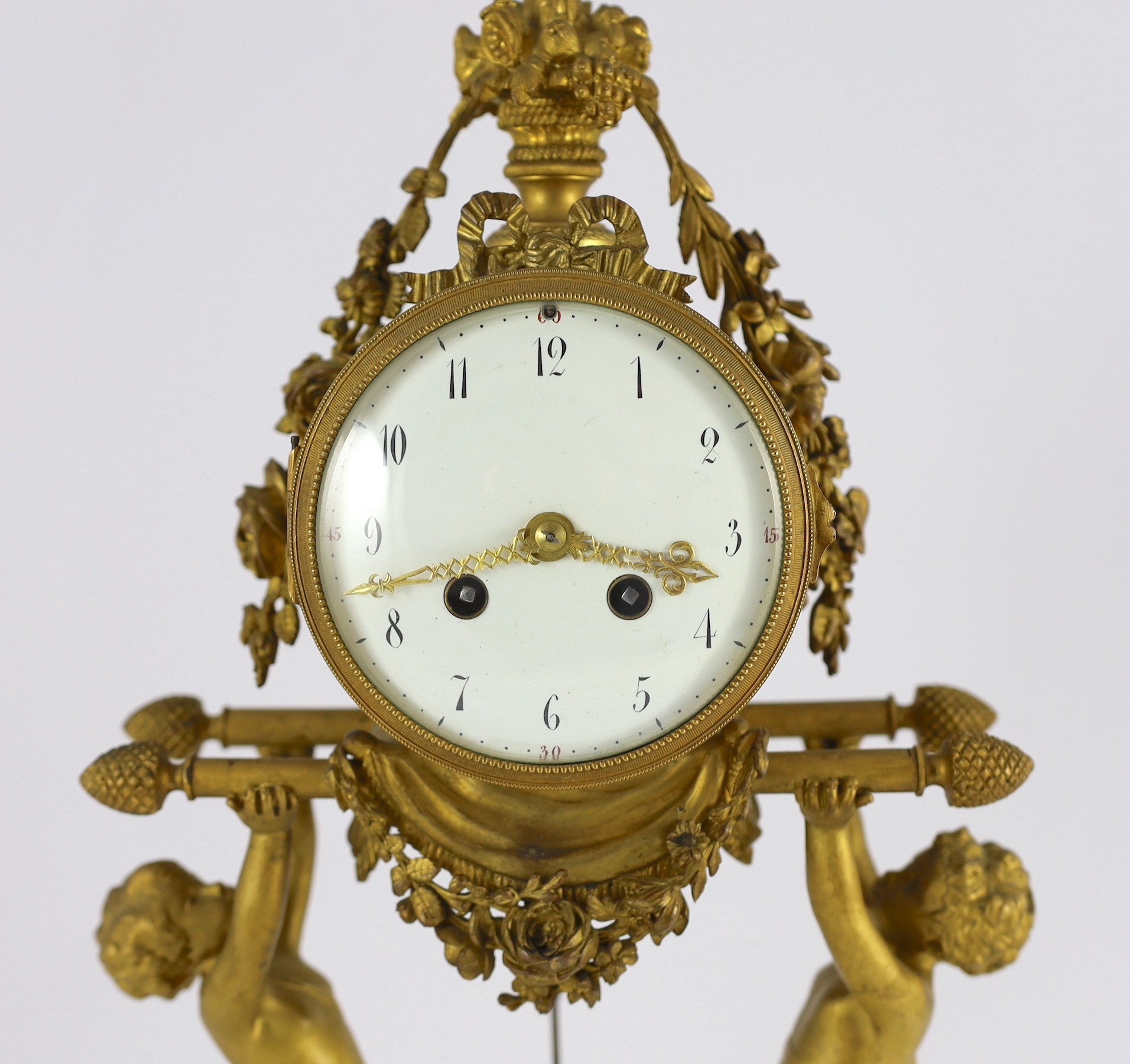 A French Louis XVI style ormolu and white marble mantel clock, the drum case supported by figures of - Image 3 of 7