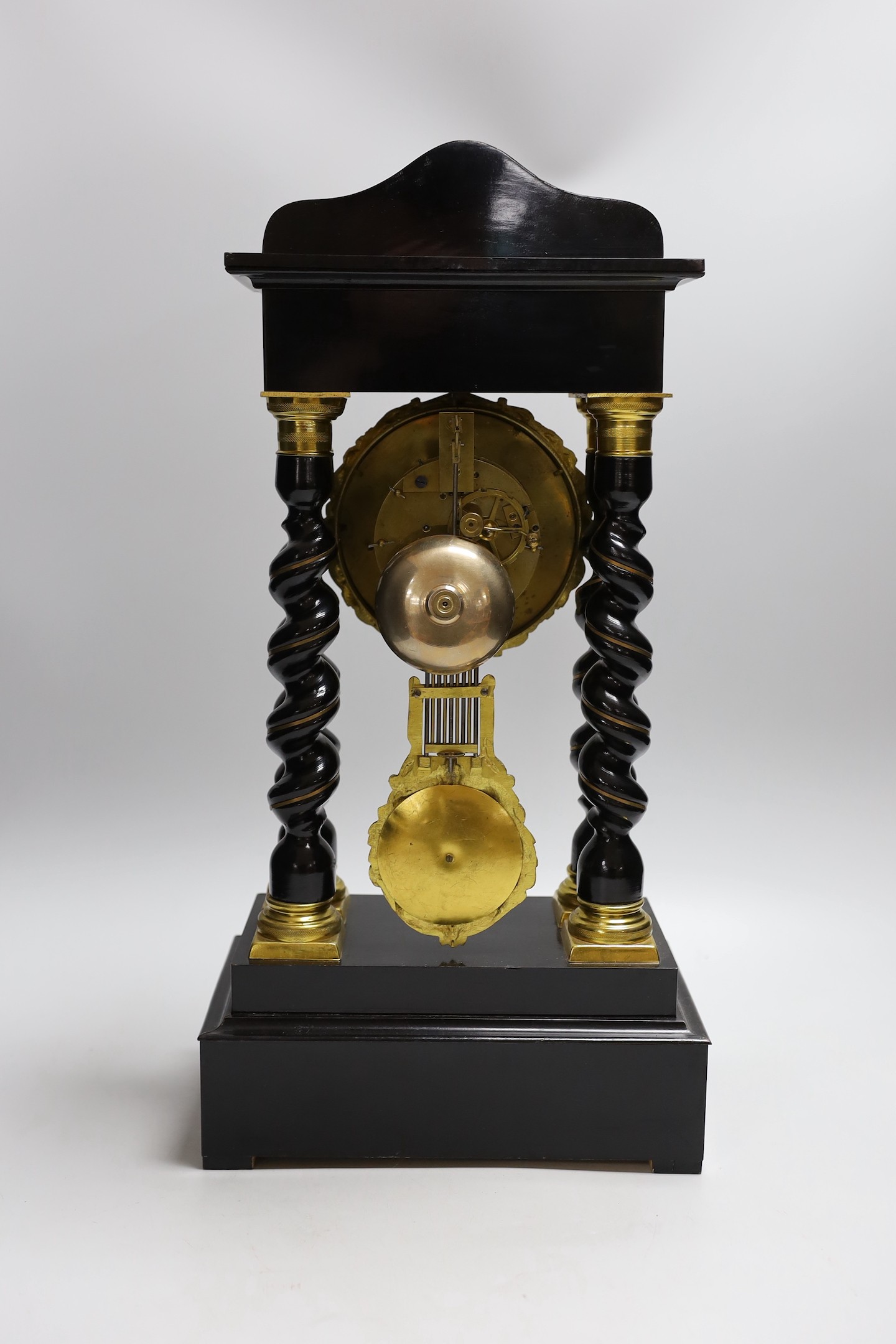A French Napoleon III ebonised and brass inlaid portico clock. 49cm tall - Image 4 of 5