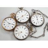 Three white metal open face pocket watches including two silver, one Waltham and a gold plated