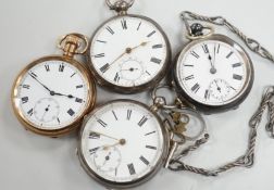 Three white metal open face pocket watches including two silver, one Waltham and a gold plated